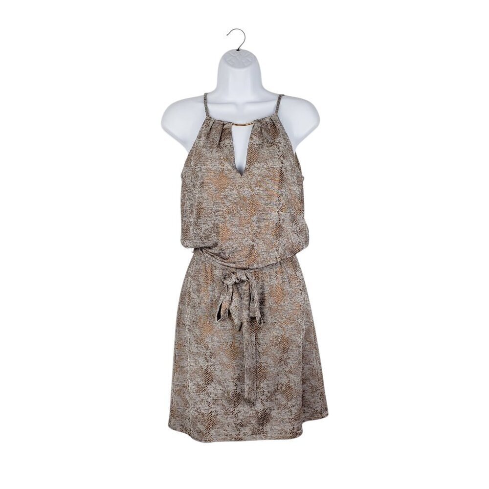 WHBM Blouson Dress NWT Bronze Foil Snake Print Halter Kyhl Neck Womens XXS